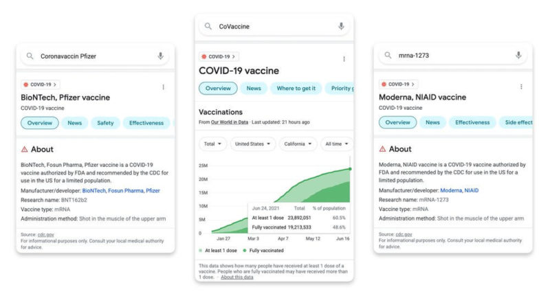 Examples of search results for vaccines, powered by Google's MUM.
