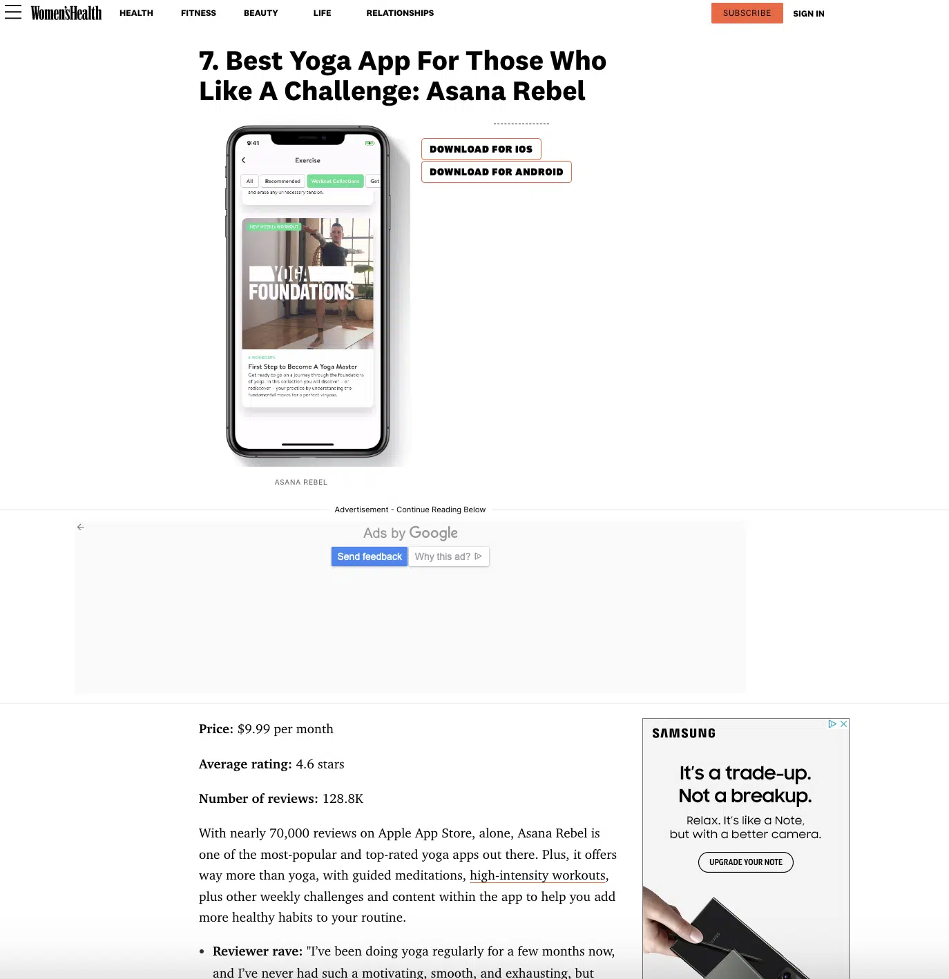 Women's Health review of the best yoga apps