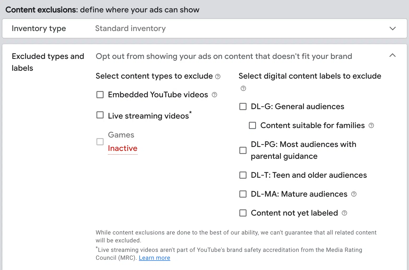 YouTube Ads content exclusions
