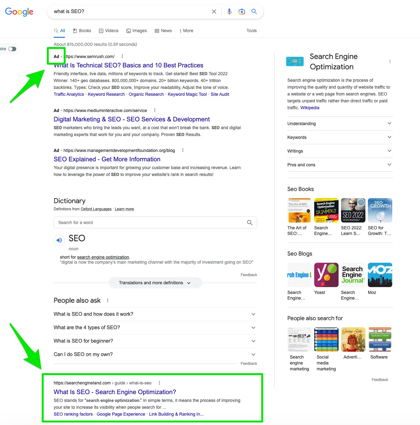 Screenshot of search engine results page for the term "What is SEO?" with arrows pointing to an example of a PPC ad and an organic listing.